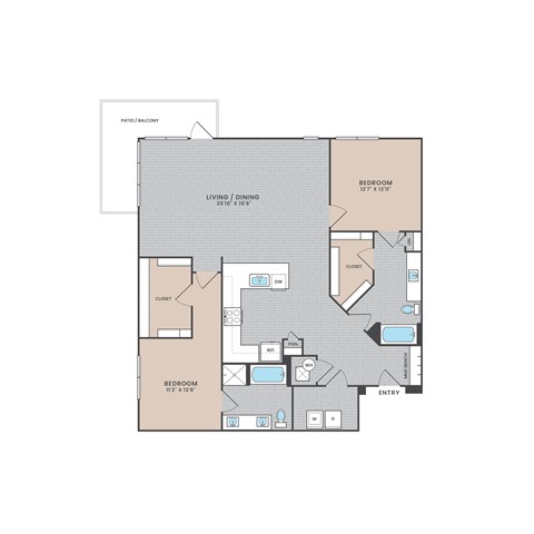 A floor plan of a house with a living room, dining room, two bedrooms, a bathroom, a kitchen, a closet, and an entry.